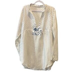 CP Shades 100% Linen Striped Pattern Floral White Blue Tunic Top Medium